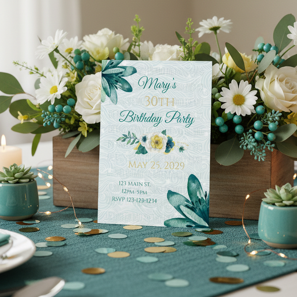 Personalized Teal Flower Milestone Birthday Invitation – Editable Template