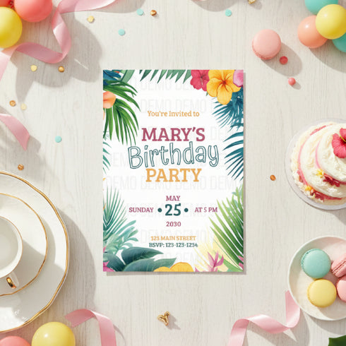 A tropical-themed birthday party invitation card is displayed in a beautifully styled flat-lay scene with pastel balloons, a cup and saucer, a slice of cake, macarons, and confetti on a white wooden table.