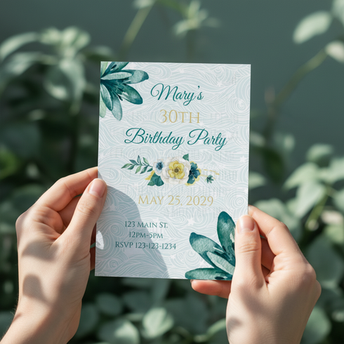 A person holds a square birthday invitation card outdoors with blurred green foliage in the background. The card has a light gray marbled pattern, teal and gold typography reading 'Mary's 30th Birthday Party' and 'May 25, 2029,' plus teal and yellow floral illustrations.