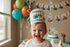 Child wearing a 'Happy Birthday' hat with balloons and a cake in the background
