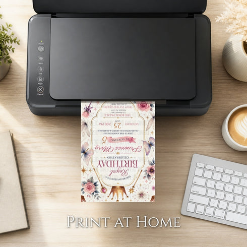 Printer on a desk with a printed card featuring floral designs and text, with 'Print at Home' text below.