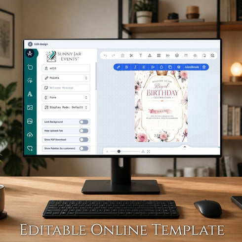 Computer monitor displaying an editable online template with a birthday invitation design on a desk.