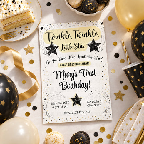 Twinkle Little Star Milestone Birthday Invitation- Yellow