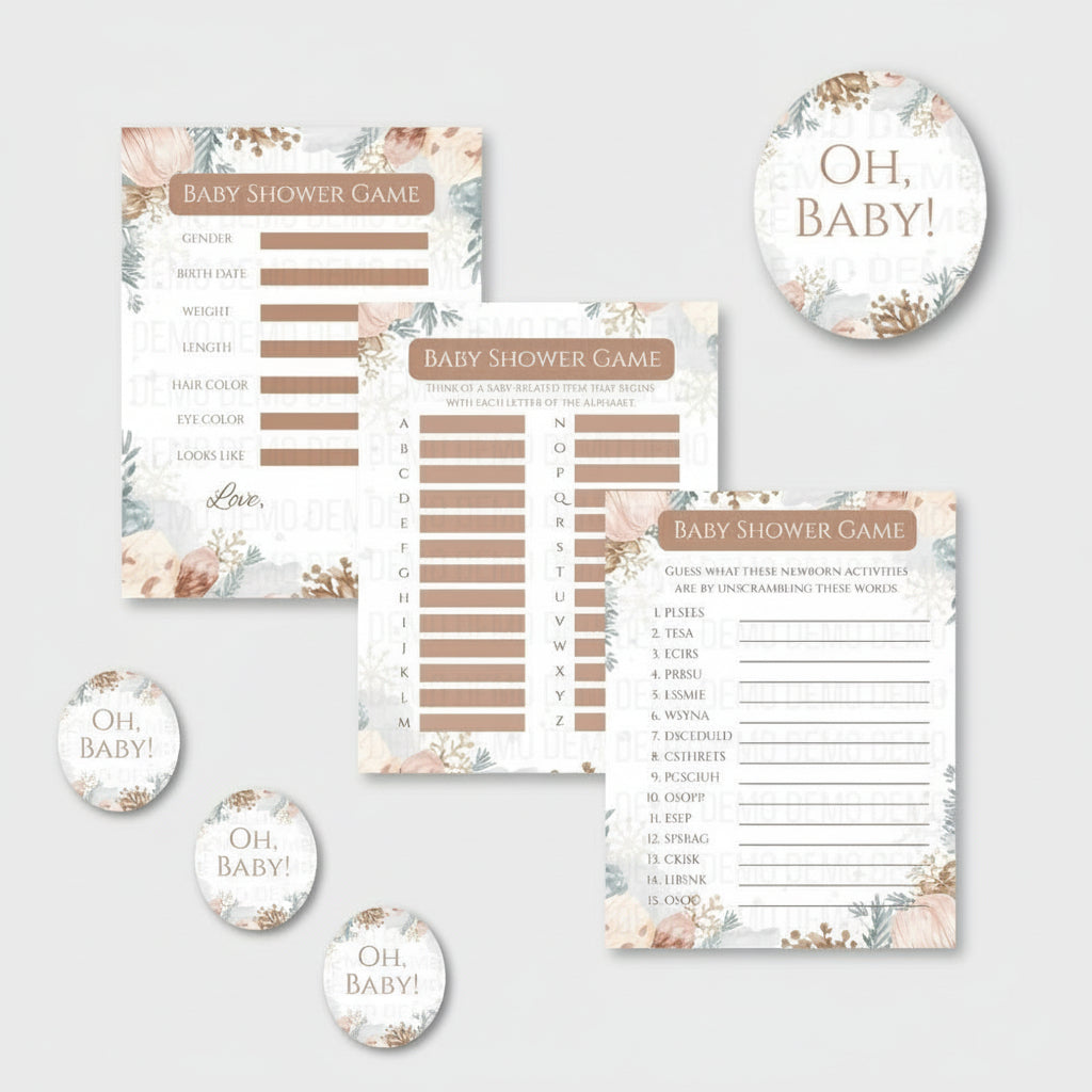Baby shower game cards and decorative stickers with floral designs on a white background