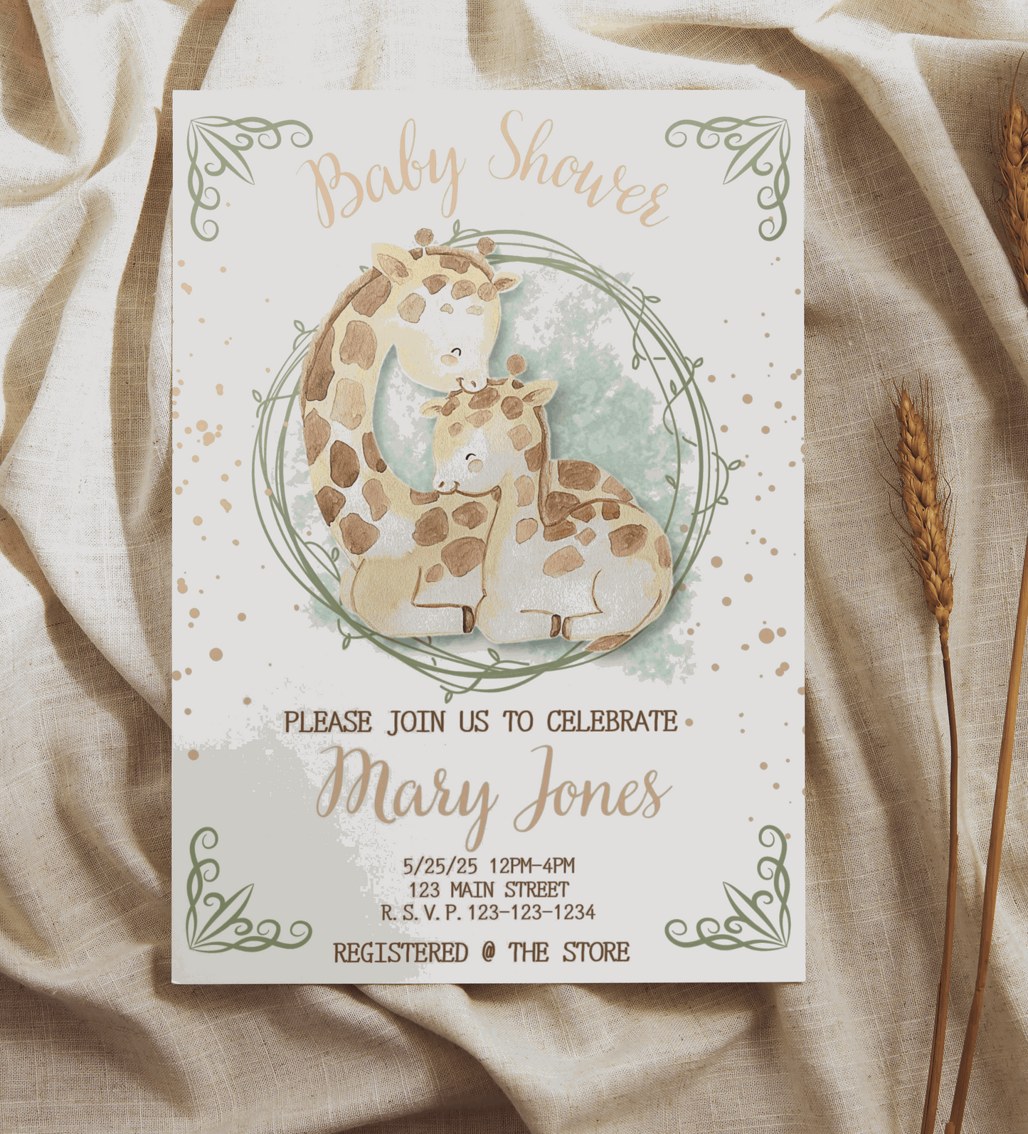 Personalized Watercolor Giraffe Baby Shower Invitation
