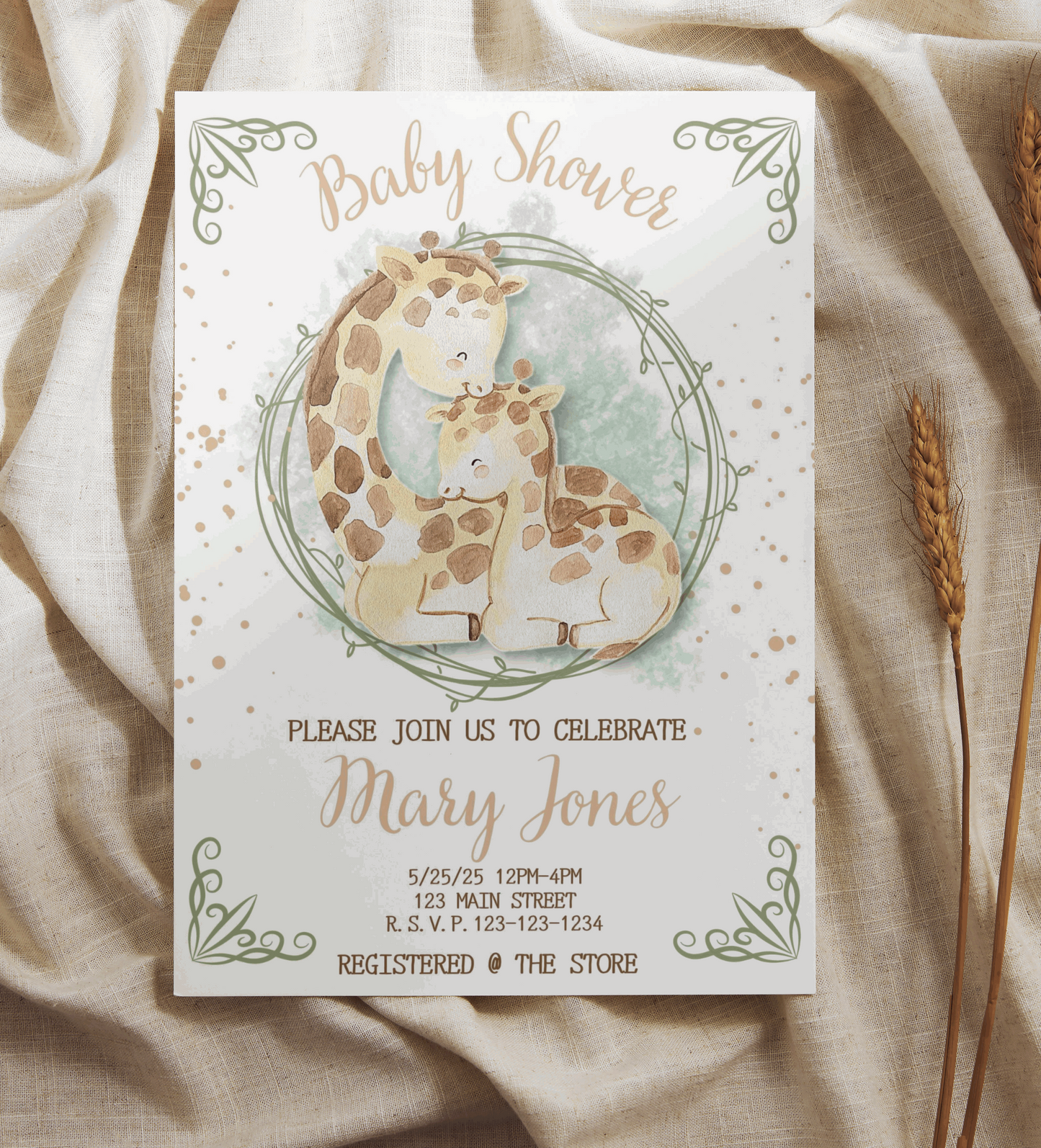 Personalized Watercolor Giraffe Baby Shower Invitation