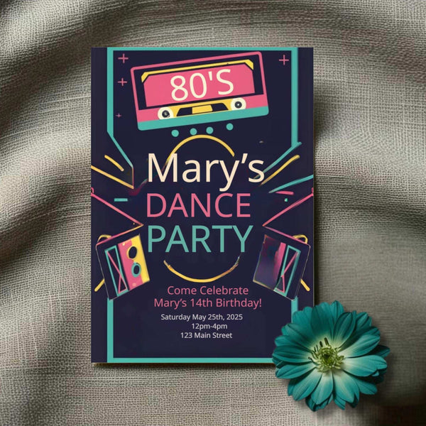 Party invitation for a 14th birthday dance party in the 80s style on a textured fabric background.