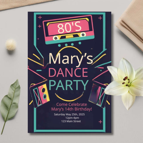 Neon-colored birthday party invitation for a 14th birthday party with '80s' theme on a light gray surface.