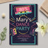 Neon-colored birthday party invitation for a 14th birthday party with '80s' theme on a light gray surface.