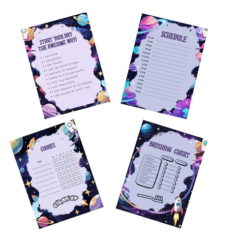 Space Adventure Kids Printable Bundle – Daily Schedule, Chore Chart, Teeth Brushing Tracker & Affirmation Page