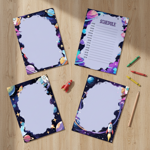 Four colorful children's charts with space-themed designs on a white background