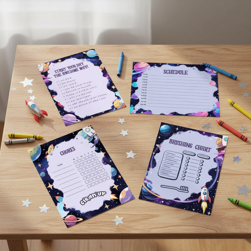 Space Adventure Kids Printable Bundle – Daily Schedule, Chore Chart, Teeth Brushing Tracker & Affirmation Page