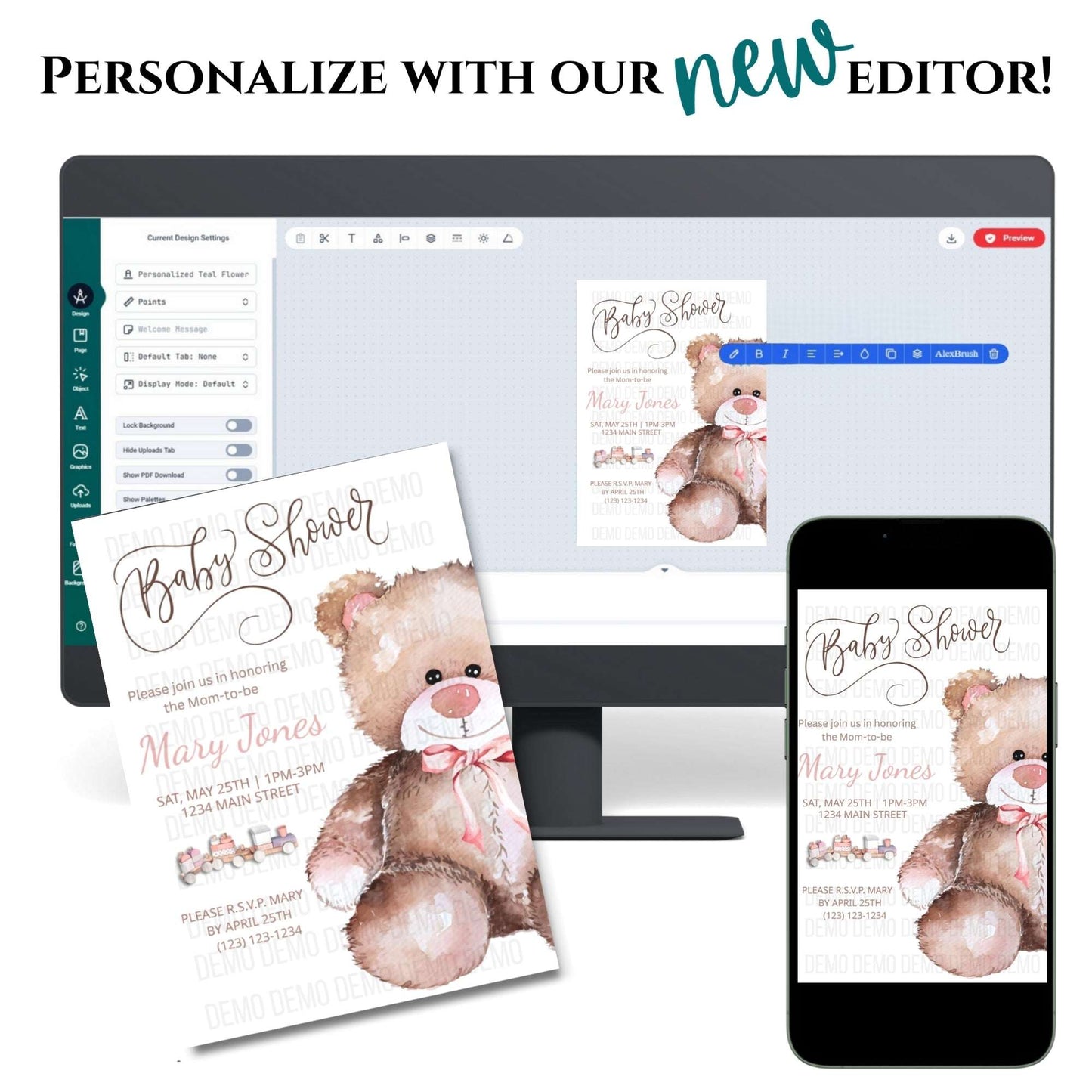 Baby Shower Invitation with Cute Teddy Bear Illustration – Personalized Invite