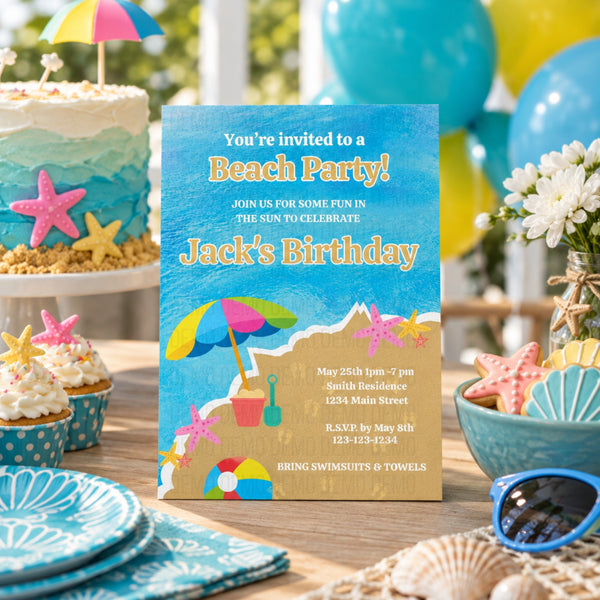 A beach-themed birthday invitation card is displayed on a table surrounded by party decorations, including a blue and white cake, cupcakes, starfish cookies, seashells, balloons, and sunglasses.