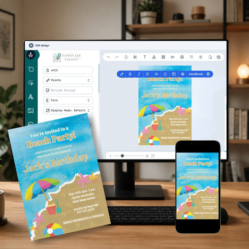 A beach-themed birthday invitation template shown on a desktop monitor, printed card, and smartphone screen, arranged on a desk with a blurred home office background.