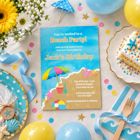 A beach-themed birthday invitation card styled in a flat lay with balloons, a slice of cake, flowers, ribbons, and party accessories on a light fabric background.