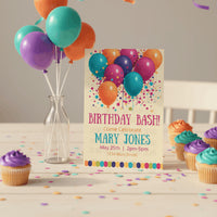 A colorful birthday party invitation card featuring a balloon design, styled on a table with matching balloons in a glass bottle, cupcakes, and confetti.