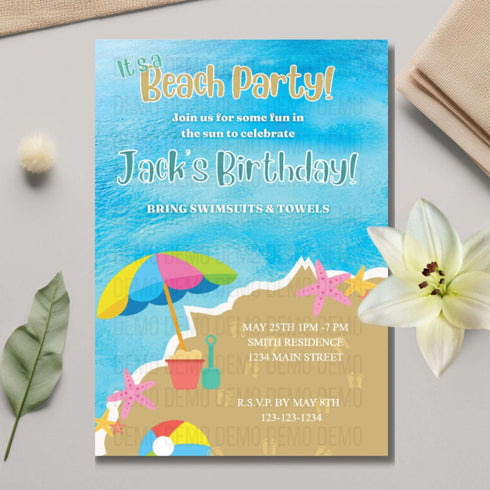 Beach party invitation with sandcastle, umbrella, and starfish design on a blue background.