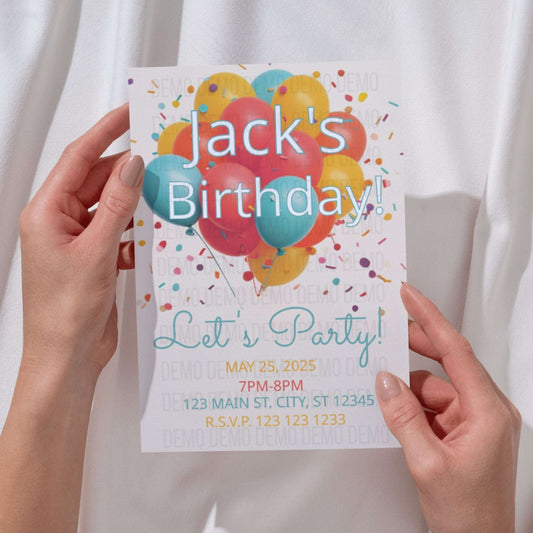 Hand holding a birthday party invitation with colorful balloons and text.