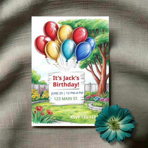 Birthday invitation card with colorful balloons and garden scene on a textured surface with a flower.