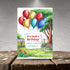 Birthday invitation card with colorful balloons and garden scene on a wooden surface.