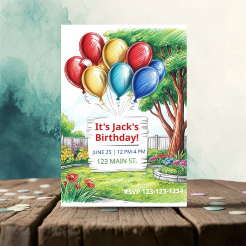 Birthday invitation card with colorful balloons and a garden scene on a wooden surface.
