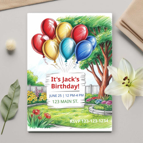 Birthday invitation card with colorful balloons and garden scene on a gray surface.