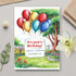 Birthday invitation card with colorful balloons and garden scene on a gray surface.