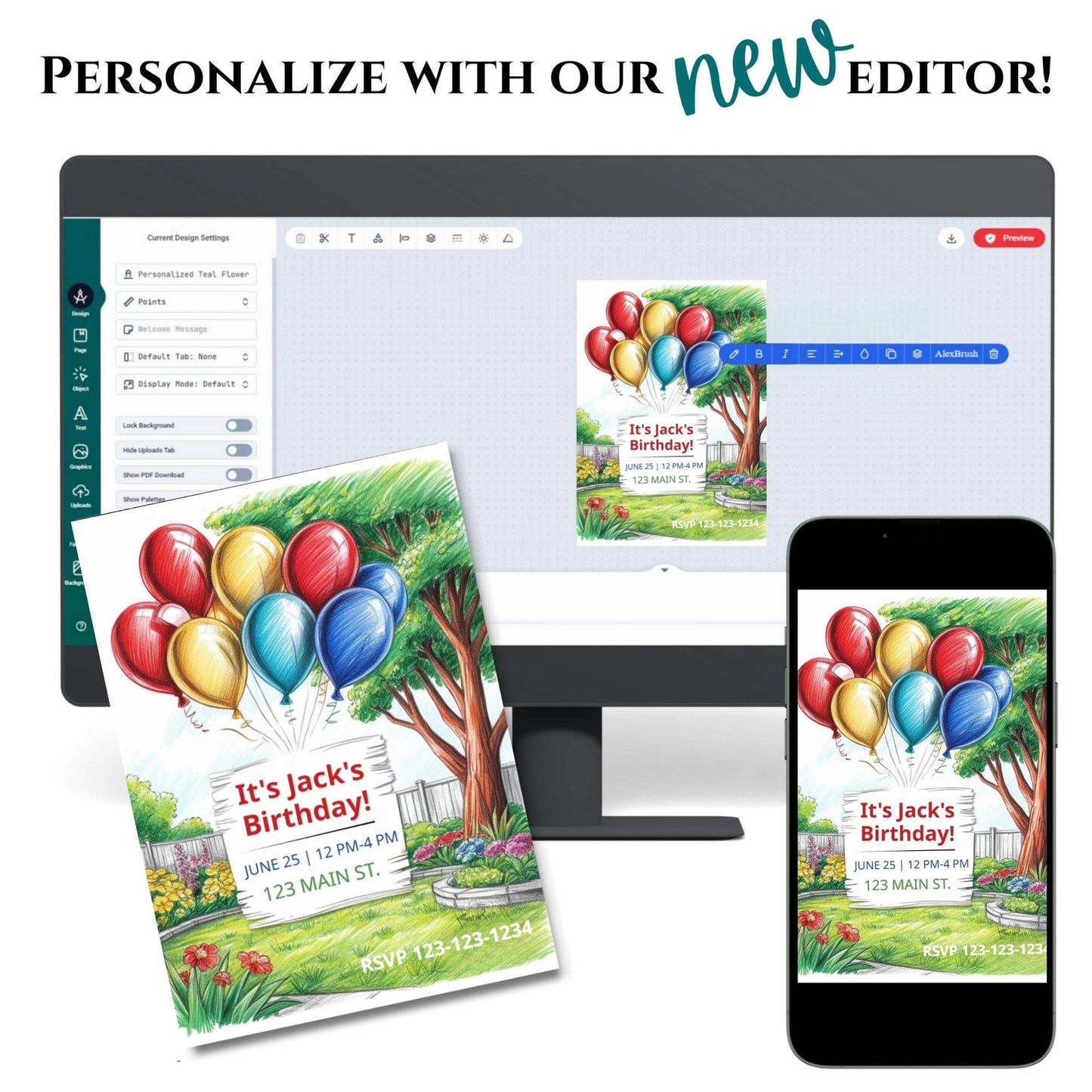 Birthday invitation with balloons on a computer screen, phone, and paper.