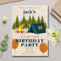 Camping-themed birthday party invitation with trees, tent, and campfire on a light gray background.