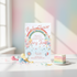 Baby shower invitation with rainbow and cloud design on a table with cake and toys.
