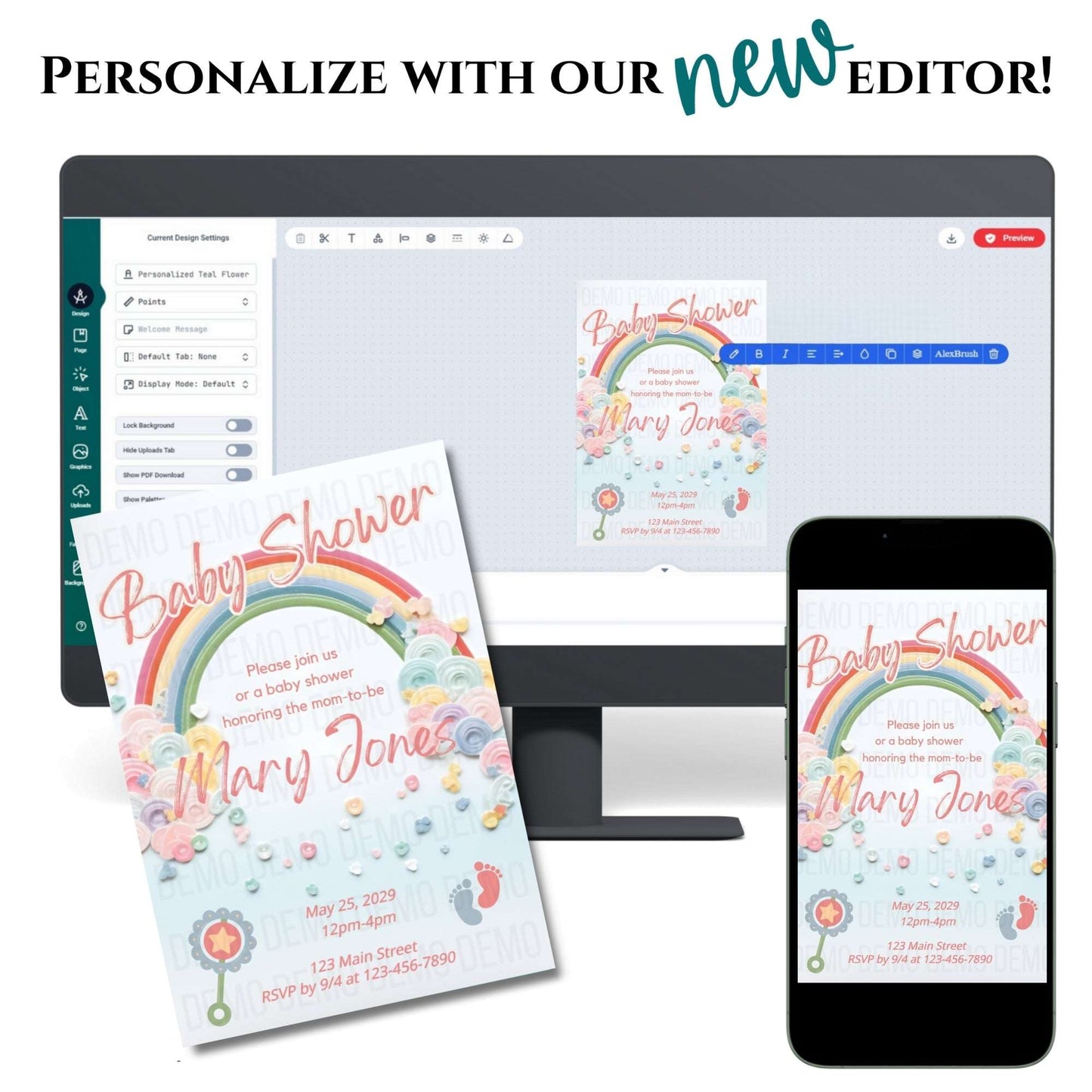 Baby shower invitation with rainbow design on a computer, phone, and tablet.