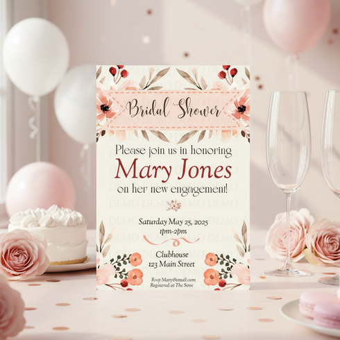 Bridal shower invitation with floral design on a table with balloons and cake.