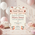 Bridal shower invitation with floral design on a table with balloons and cake.