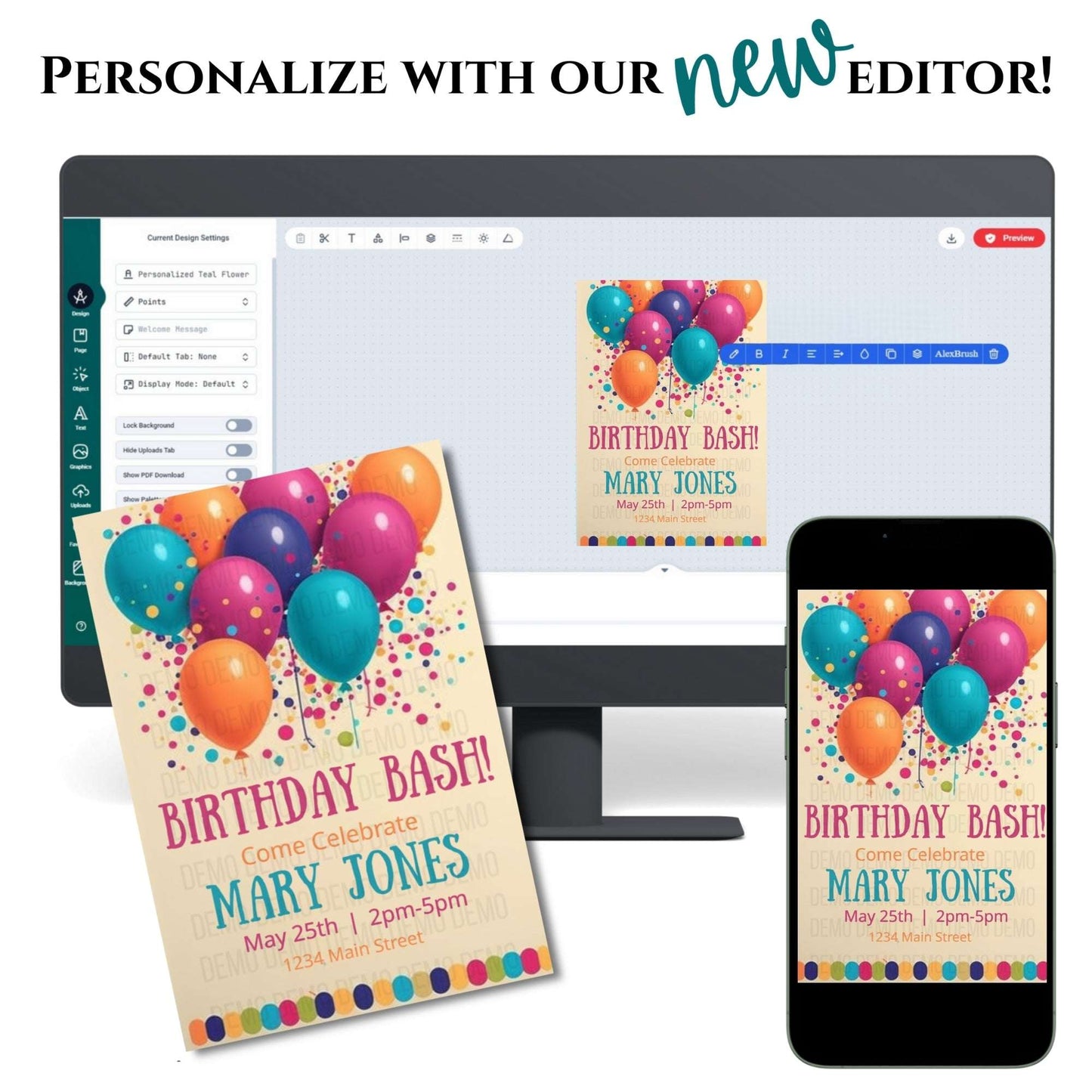 Birthday party invitation with balloons on a computer, phone, and paper.