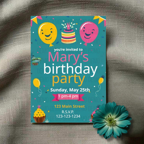 Colorful Kids Birthday Party Invitation with Balloons and Confetti – Printable