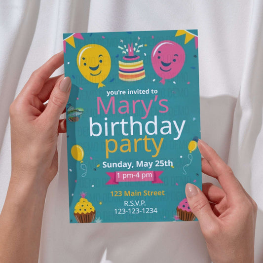Colorful Kids Birthday Party Invitation with Balloons and Confetti – Printable
