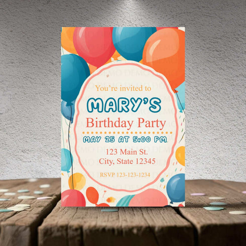 Birthday party invitation with colorful balloons on a wooden surface.