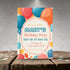 Birthday party invitation with colorful balloons on a wooden surface.