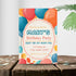 Birthday party invitation with colorful balloons on a wooden surface