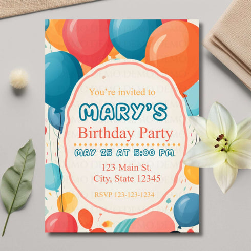 Birthday party invitation with colorful balloons on a light gray surface.