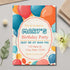 Birthday party invitation with colorful balloons on a light gray surface.