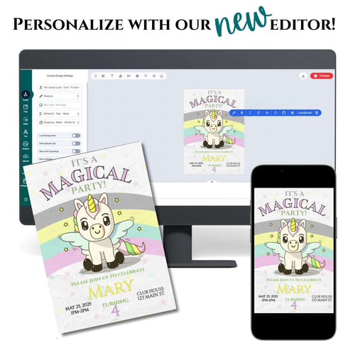 Unicorn-themed party invitation on a computer screen, phone, and paper.