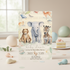 Baby shower invitation with elephant, lion, and zebra illustrations on a table with baby items.