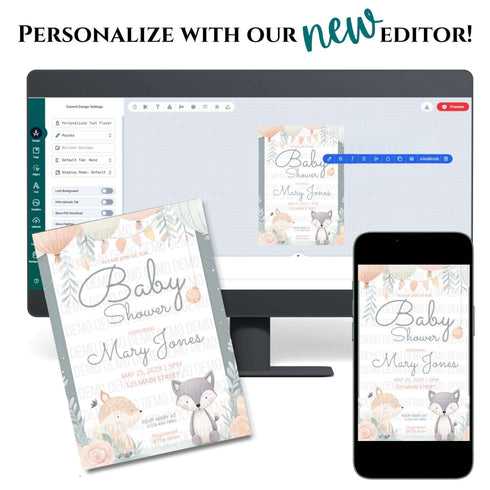 Baby shower invitation with fox and floral design on a computer screen, phone, and paper.
