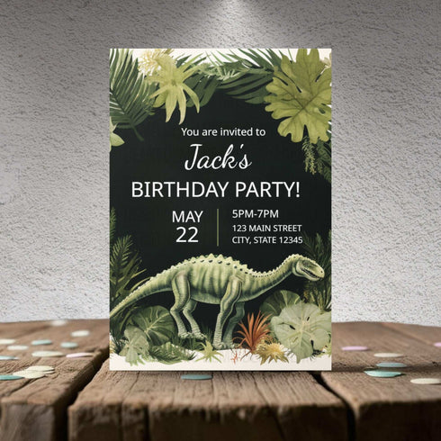 Birthday party invitation with dinosaur and tropical plants on a wooden surface.