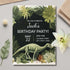 Birthday party invitation with dinosaur and foliage design on a gray surface with flowers.
