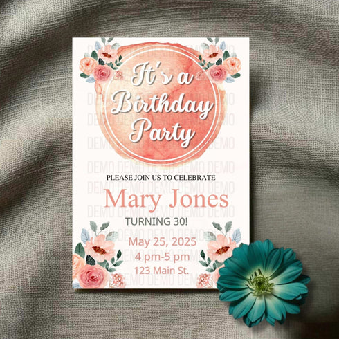 Birthday party invitation with floral design on a textured surface