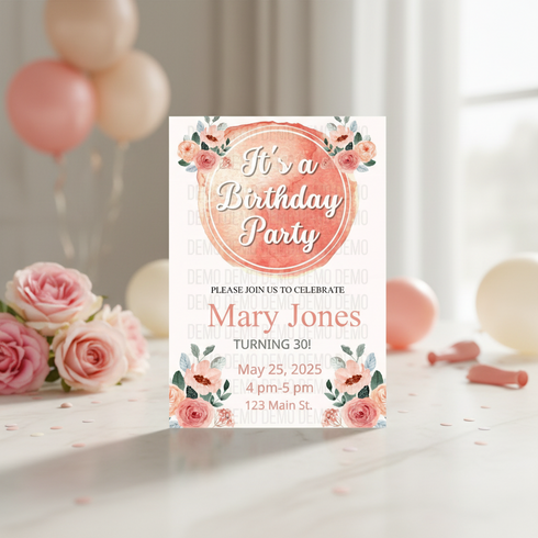 Birthday party invitation with floral design and balloons in the background