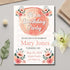 Birthday party invitation with floral design on a gray surface with flowers and leaves.